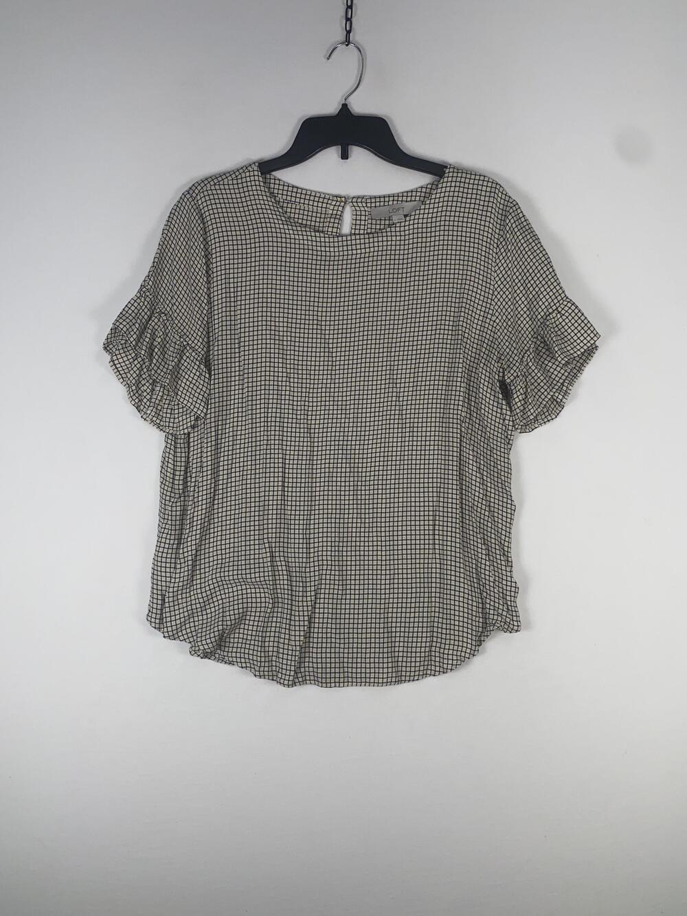 LOFT Blouse Womens Large Multicolor Check Flutter Ruffle Sleeve Rayon Top